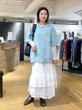 「JEANASIS（ジーナシス）のレースギャザーボートネックLS/589928（Tシャツ/カットソー、ホワイト系）」を使った、airiさん（レディース）の春コーディネート