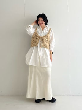「KBF（ケイビーエフ）のハンドニットビスチェ（ニット/セーター、ベージュ系）」を使った、asanoさん（レディース・157cm）の夏コーディネート