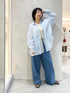 「KBF（ケイビーエフ）のシアーストライプレイヤードシャツ（シャツ/ブラウス、ブルー系）」を使った、asanoさん（レディース・157cm）の夏コーディネート