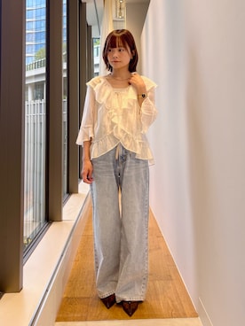 「URBAN RESEARCH ROSSO（アーバンリサーチロッソ）のシアーフリルブラウス（シャツ/ブラウス、ホワイト系）」を使った、miiihoさん（レディース・152cm）の春コーディネート