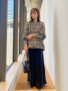 「かぐれ（カグレ）のリネンレーヨンチェックシャツカーディガン（シャツ/ブラウス、ブラック系）」を使った、miiihoさん（レディース・152cm）の春コーディネート
