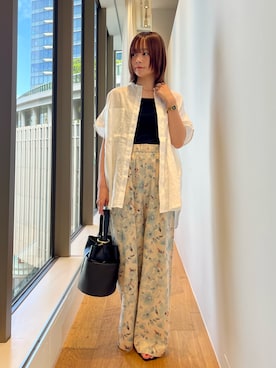 「かぐれ（カグレ）のリネンWポケットフレンチシャツ（シャツ/ブラウス、ホワイト系）」を使った、miiihoさん（レディース・152cm）の春コーディネート