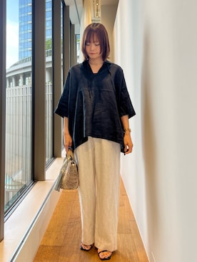 「かぐれ（カグレ）のリネンスキッパーシャツ（シャツ/ブラウス、ブラック系）」を使った、miiihoさん（レディース・152cm）の春コーディネート