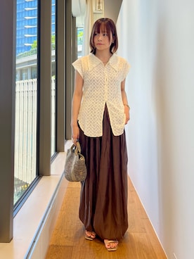 「KBF（ケイビーエフ）のフレンチスリーブレースシャツ（シャツ/ブラウス、ホワイト系）」を使った、miiihoさん（レディース・152cm）の春コーディネート