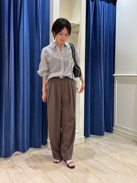 「NOLLEY’S Sophi（ノーリーズソフィ）のタンブラーストライプ3WAYシャツ（シャツ/ブラウス、ブラウン系）」を使った、suzukumaさん（レディース・155cm）の夏コーディネート