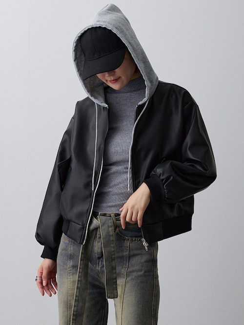 セール】フード付き ワイドシルエット フェイク レザージャケット
