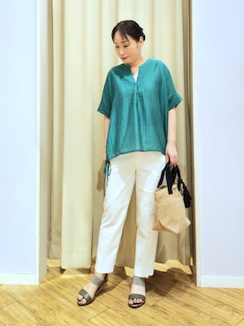 「SHOO・LA・RUE（シューラルー）のジュートランチトートバッグ（トートバッグ、ブラック系）」を使った、world.kumaさんの夏コーディネート