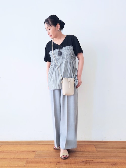 セール】【セットアップ可】麻調ストライプワイドパンツ（その他