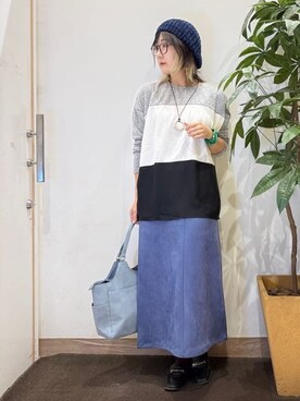 「アイテム（ハンチング/ベレー帽、ブルー系）」を使った、misakiさん（レディース・157cm）の秋コーディネート