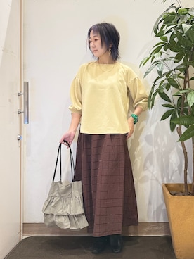 「SHOO・LA・RUE（シューラルー）の【セットアップ可/S-LL】モールチェックで上品に タックフレアスカート（スカート、ブラウン系）」を使った、misakiさん（レディース・157cm）の夏コーディネート