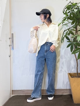 「SHOO・LA・RUE（シューラルー）の【洗濯機可】インせず決まるAライン ストライプスキッパーシャツ（シャツ/ブラウス、ホワイト系）」を使った、misakiさん（レディース・157cm）の夏コーディネート