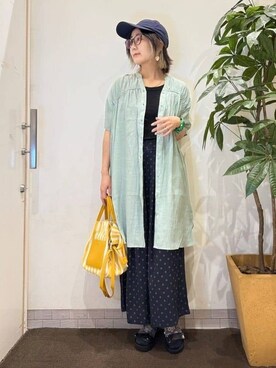 「アイテム（チュニック、グリーン系）」を使った、misakiさん（レディース・157cm）の夏コーディネート