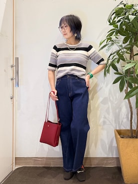 「SHOO・LA・RUE（シューラルー）の【S-LL】オンオフ着られる マルチボーダーリブニット（ニット/セーター、グレー系）」を使った、misakiさん（レディース・157cm）の夏コーディネート