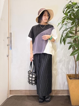 「SHOO・LA・RUE（シューラルー）の格子レイヤードトートバッグ（トートバッグ、ブラック系）」を使った、misakiさん（レディース・157cm）の春コーディネート