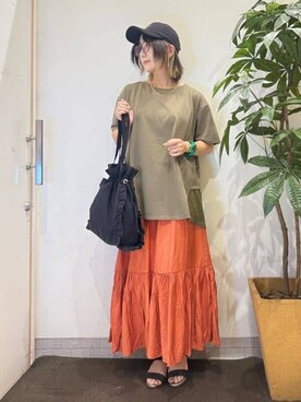 「アイテム（チュニック、グリーン系）」を使った、misakiさん（レディース・157cm）の夏コーディネート