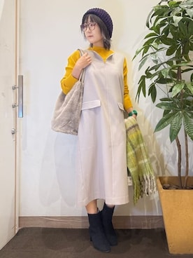 「アイテム（ハンチング/ベレー帽、パープル系）」を使った、misakiさん（レディース・157cm）の秋コーディネート