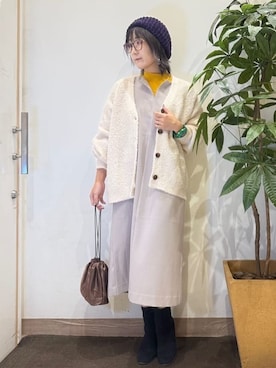 「アイテム（ハンチング/ベレー帽、パープル系）」を使った、misakiさん（レディース・157cm）の秋コーディネート
