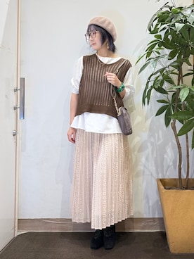「SHOO・LA・RUE（シューラルー）の【S－LL】軽やかにゆれる 上品レースプリーツスカート（スカート、ベージュ系）」を使った、misakiさん（レディース・157cm）の夏コーディネート