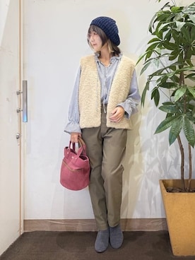 「アイテム（ハンチング/ベレー帽、ブルー系）」を使った、misakiさん（レディース・157cm）の秋コーディネート