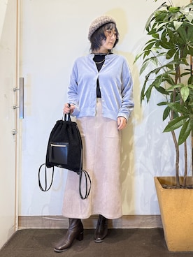 「SHOO・LA・RUE（シューラルー）の【S-LL/洗濯機可】手触りやわらか ミニモール金ボタンカーディガン（カーディガン/ボレロ、ブルー系）」を使った、misakiさん（レディース・157cm）の秋コーディネート