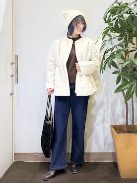 「SHOO・LA・RUE（シューラルー）の【撥水/S-LL/洗濯機可】ウエスト絞れる キルト中綿ジャケット（ノーカラージャケット、ホワイト系）」を使った、misakiさん（レディース・157cm）の秋コーディネート
