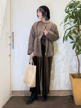 「SHOO・LA・RUE（シューラルー）の【撥水/S-LL/洗濯機可】ウエスト絞れる キルト中綿ジャケット（ノーカラージャケット、ブラウン系）」を使った、misakiさん（レディース・157cm）の秋コーディネート