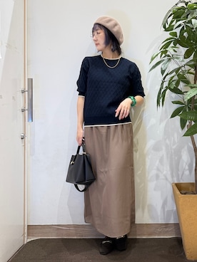 「SHOO・LA・RUE（シューラルー）の【毛玉になりにくい/S-LL/洗濯機可】すっきり二の腕カバー ダイヤ柄5分袖配色ニット（ニット/セーター、ブルー系）」を使った、misakiさん（レディース・157cm）の夏コーディネート