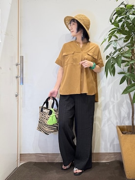 「アイテム（ハット、イエロー系）」を使った、misakiさん（レディース・157cm）の夏コーディネート