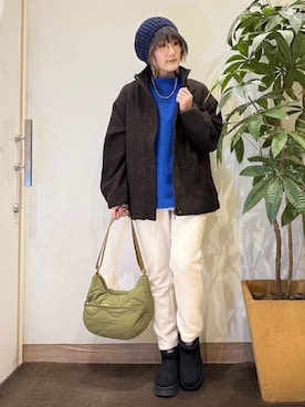 「アイテム（ハンチング/ベレー帽、ブルー系）」を使った、misakiさん（レディース・157cm）の秋コーディネート