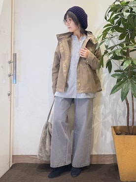 「アイテム（ハンチング/ベレー帽、パープル系）」を使った、misakiさん（レディース・157cm）の秋コーディネート