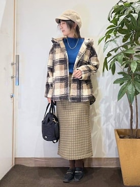 「アイテム（キャスケット、ブラウン系）」を使った、misakiさん（レディース・157cm）の秋コーディネート