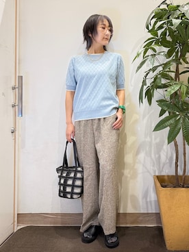 「SHOO・LA・RUE（シューラルー）の【S-LL】お仕事にも、休日にも サマーツイード風ワイドパンツ（その他パンツ、ブラウン系）」を使った、misakiさん（レディース・157cm）の春コーディネート