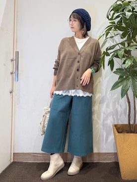 「アイテム（ハンチング/ベレー帽、ブルー系）」を使った、misakiさん（レディース・157cm）の秋コーディネート