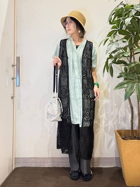 「アイテム（チュニック、グリーン系）」を使った、misakiさん（レディース・157cm）の夏コーディネート