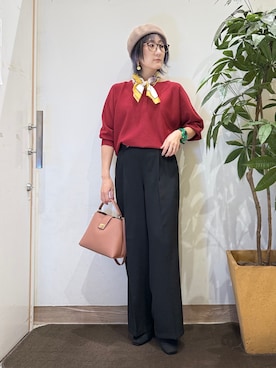 「SHOO・LA・RUE（シューラルー）の【洗濯機可】軽やかでさらっとしたタッチ すっきり見えドルマンニット（ニット/セーター、レッド系）」を使った、misakiさん（レディース・157cm）の夏コーディネート