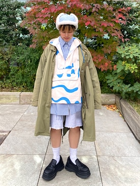 「アイテム（モッズコート）」を使った、サトエリさん（レディース・155cm）の秋コーディネート