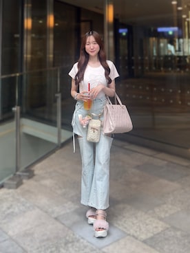 「one after another NICE CLAUP(ワンアフターアナザーナイスクラップ)のビジュー付きロゴ刺繍Tee(Tシャツ/カットソー、ピンク系)」を使った、うるし🎀さん(レディース・159cm)の夏コーディネート