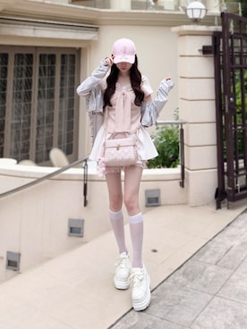 「one after another NICE CLAUP(ワンアフターアナザーナイスクラップ)の【hinano企画】レース付きフロントリボンTee(Tシャツ/カットソー、ピンク系)」を使った、うるし🎀さん(レディース・159cm)の夏コーディネート
