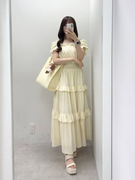 「Seemi. byNICECLAUP（ シーミーバイナイスクラップ）のフリルワンピース（ワンピース、イエロー系）」を使った、うるし🎀さん（レディース・159cm）の春コーディネート