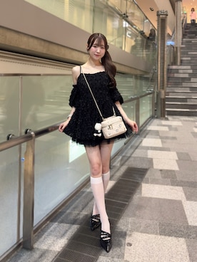 「one after another NICE CLAUP（ワンアフターアナザーナイスクラップ）の【Black Ribbon Collection】バックリボンミニワンピース（ワンピース、ブラック系）」を使った、うるし🎀さん（レディース・159cm）の春コーディネート