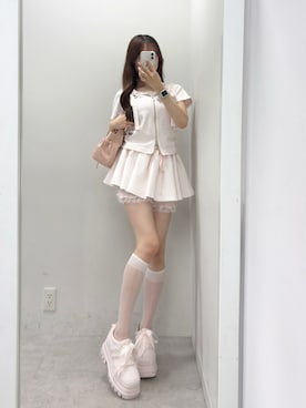 「one after another NICE CLAUP(ワンアフターアナザーナイスクラップ)の【セットアップ可能/カットパンツ・スカート別売り】キラキラリボンパーカー(パーカー、ピンク系)」を使った、うるし🎀さん(レディース・159cm)の夏コーディネート