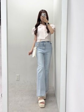 「one after another NICE CLAUP（ワンアフターアナザーナイスクラップ）のビックリボンブラス（シャツ/ブラウス、ピンク系）」を使った、うるし🎀さん（レディース・159cm）の春コーディネート