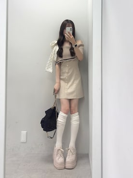 「one after another NICE CLAUP(ワンアフターアナザーナイスクラップ)のビッグリボンミニワンピース(ワンピース、ベージュ系)」を使った、うるし🎀さん(レディース・159cm)の夏コーディネート