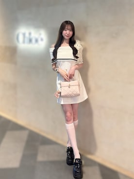 「one after another NICE CLAUP(ワンアフターアナザーナイスクラップ)のケリー型バニティーバッグ(ショルダーバッグ、ピンク系)」を使った、うるし🎀さん(レディース・159cm)の夏コーディネート