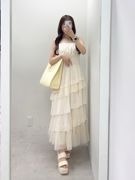 「one after another NICE CLAUP（ワンアフターアナザーナイスクラップ）の【premium order】ティアードロングワンピース（ワンピース、ホワイト系）」を使った、うるし🎀さん（レディース・159cm）の春コーディネート