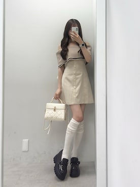 「one after another NICE CLAUP(ワンアフターアナザーナイスクラップ)のケリー型バニティーバッグ(ショルダーバッグ、ホワイト系)」を使った、うるし🎀さん(レディース・159cm)の夏コーディネート