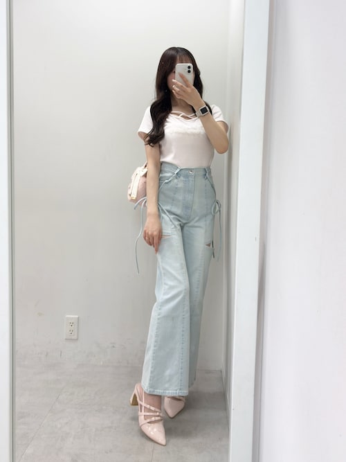 セール】【SMサイズ展開あり】サイドスリットフレアリボンデニムパンツ