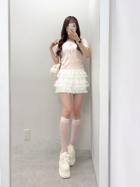 「one after another NICE CLAUP(ワンアフターアナザーナイスクラップ)のボレロレイヤード風トップス(Tシャツ/カットソー、ピンク系)」を使った、うるし🎀さん(レディース・159cm)の夏コーディネート