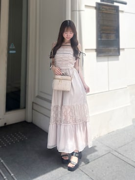 「one after another NICE CLAUP(ワンアフターアナザーナイスクラップ)の配色リボンレース切り替えロングキャミワンピース(ワンピース、ピンク系)」を使った、うるし🎀さん(レディース・159cm)の春コーディネート