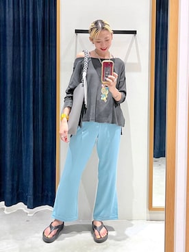 「BAYFLOW（ベイフロー）のピグメントシアーワッフルＴ（Tシャツ/カットソー、グレー系）」を使った、TAMUさん（レディース・171cm）の夏コーディネート